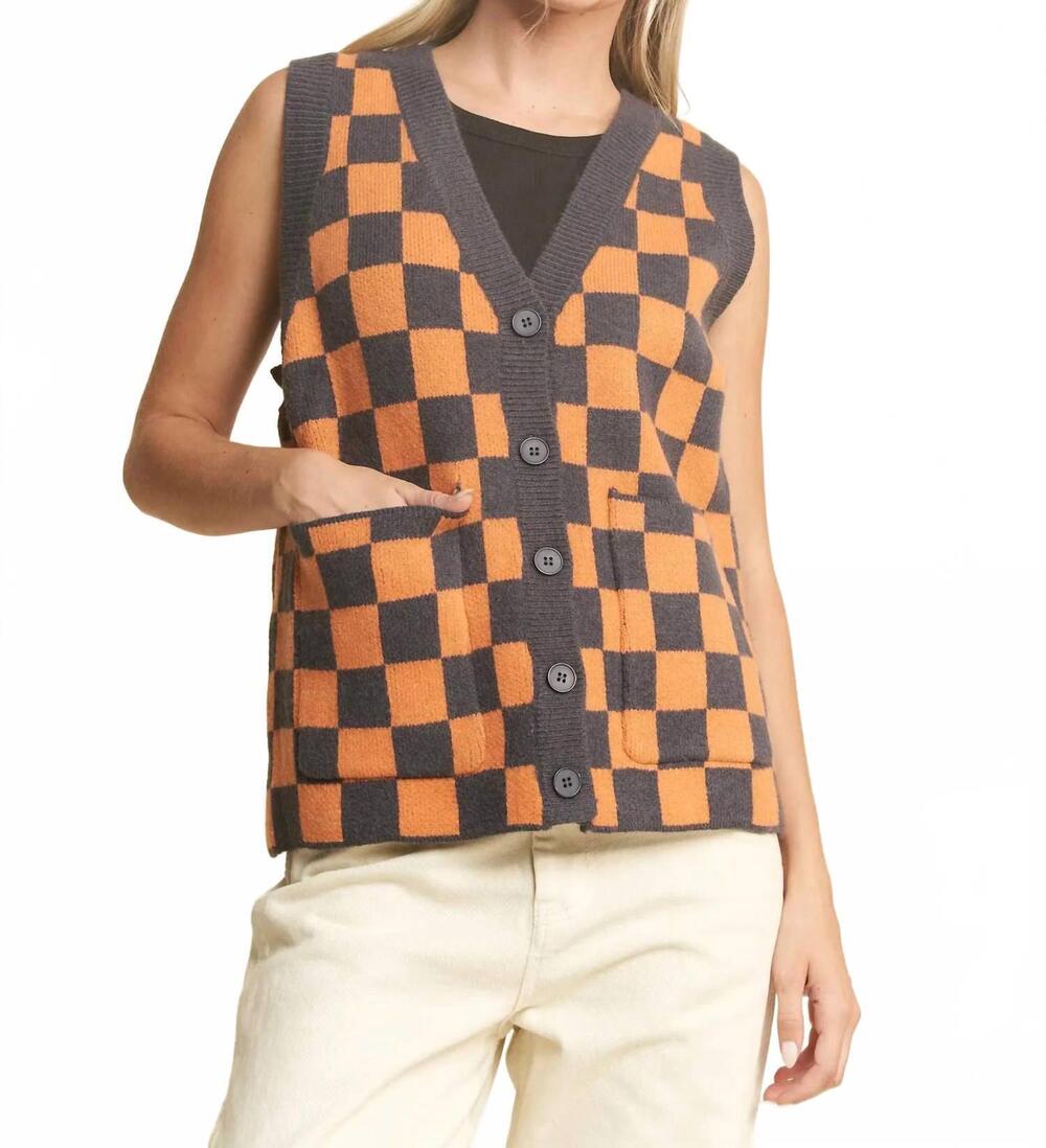 NEW JADE BY JANE sleeveless v-neck button down vest in orange/ grey